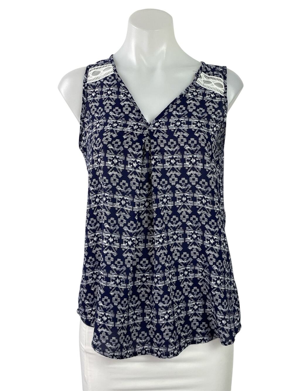 Papermoon Women's Navy Blue Geometric V Neck Sleeveless Tank Blouse Top Size S